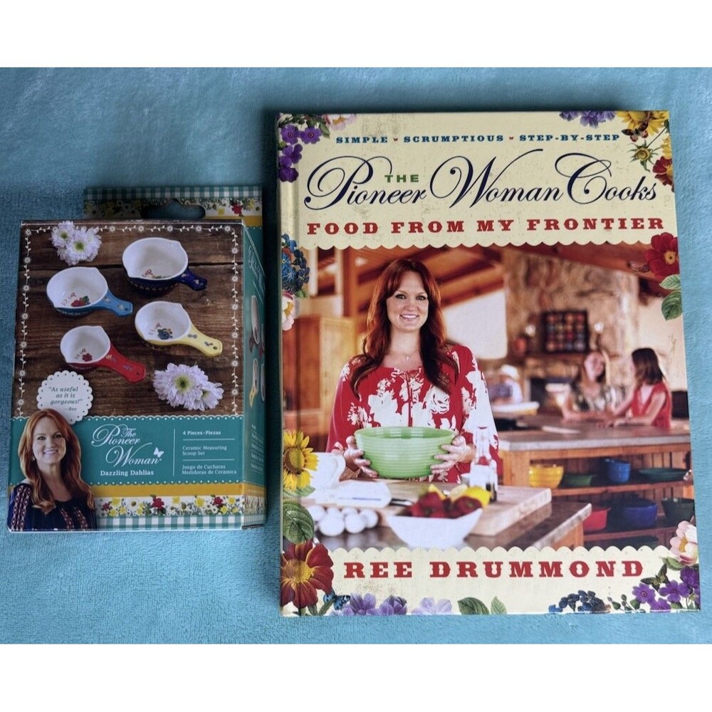 Pioneer Woman Dazzling Dahlias Measuring Cups Ceramic 4 Pc New Retired +Cookbook